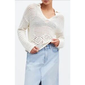Madewell Crochet Polo Sweater in Bright Ivory
